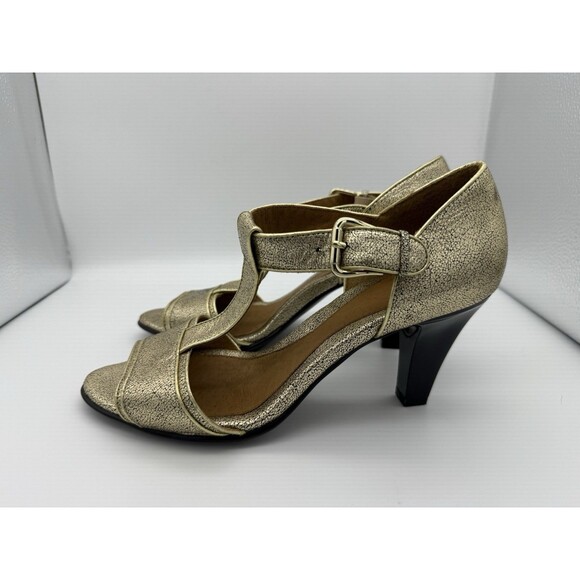 Sofft 3" Heels Sandals 9 Crackle Gold Metallic Leather T-Strap Peep Toe Retro - Picture 1 of 8